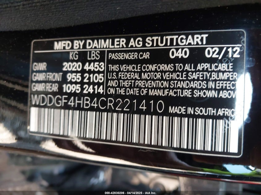 2012 Mercedes-Benz C 250 VIN: WDDGF4HB4CR221210 Lot: 42030206