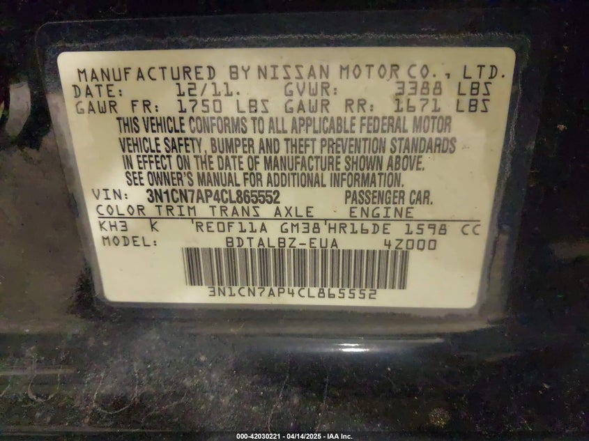 2012 NISSAN VERSA VIN: 3N1CN7AP4CL865552