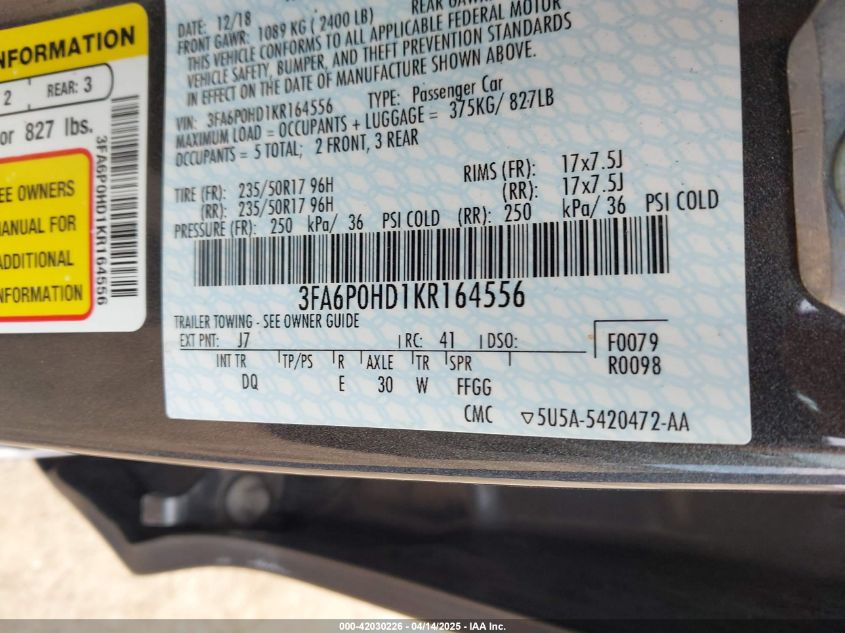 2019 Ford Fusion Se VIN: 3FA6P0HD1KR164556 Lot: 42030226