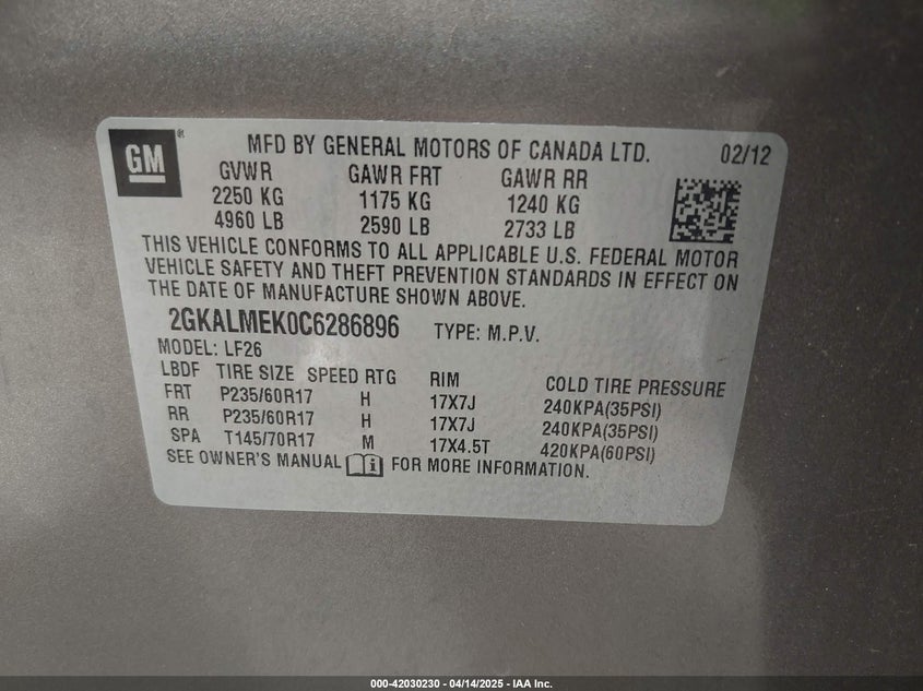 2012 GMC TERRAIN VIN: 2GKALMEK0C6286896