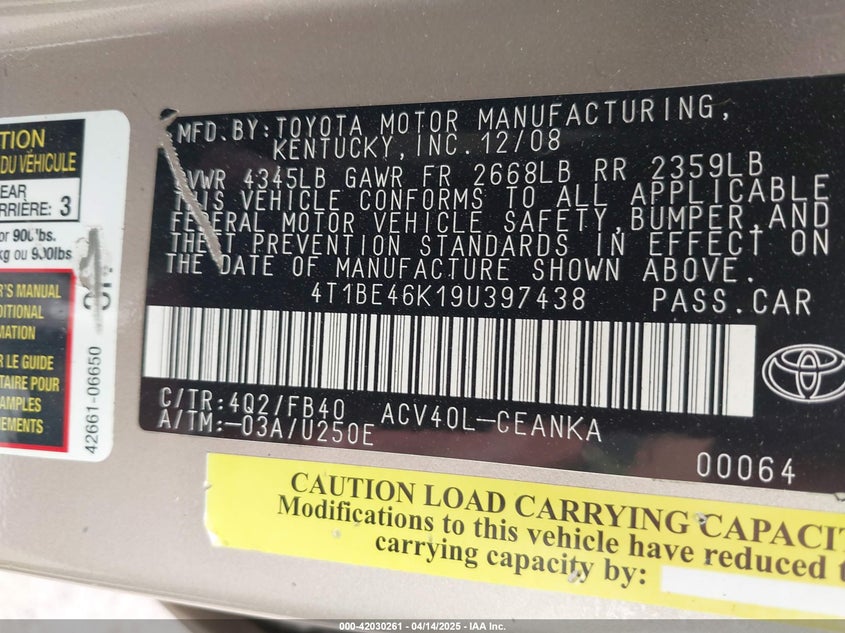2009 TOYOTA CAMRY VIN: 4T1BE46K19U397438