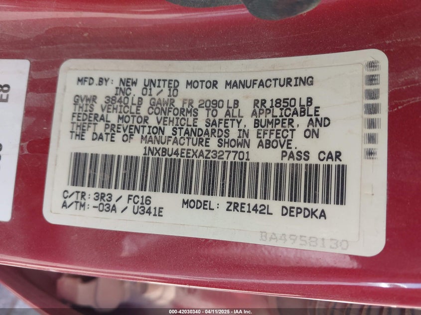 2010 TOYOTA COROLLA VIN: 1NXBU4EEXAZ327701