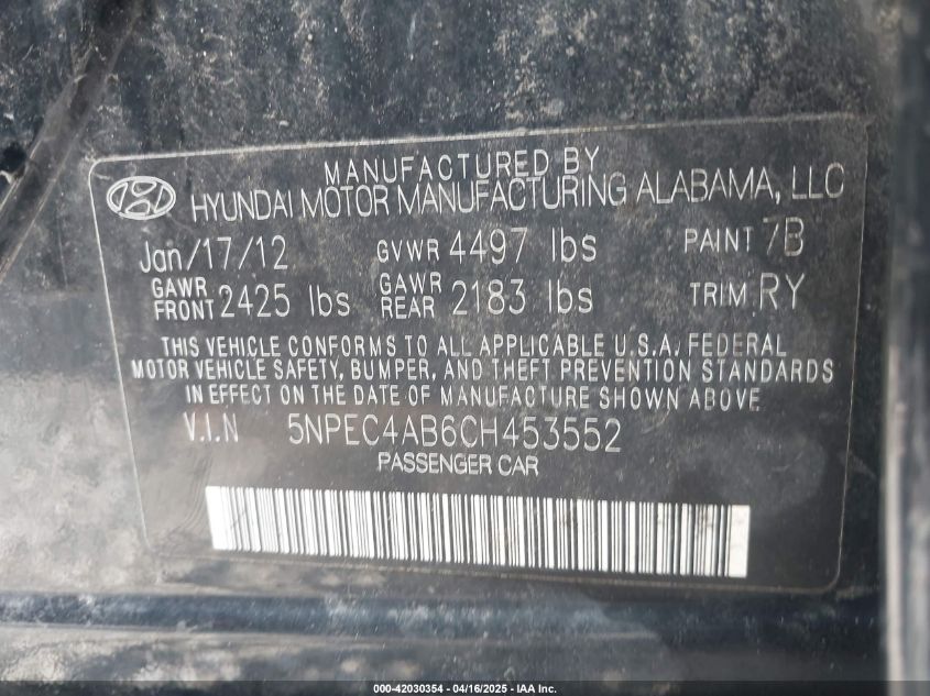 2012 Hyundai Sonata Se 2.0T VIN: 5NPEC4AB6CH453552 Lot: 42030354