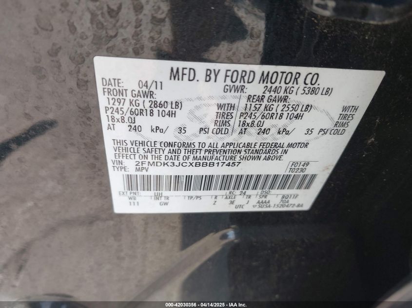 2011 Ford Edge Sel VIN: 2FMDK3JCXBBB17457 Lot: 42030356