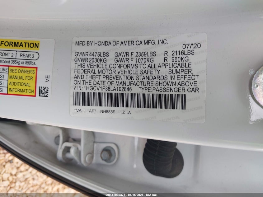 2020 HONDA ACCORD SPORT - 1HGCV1F38LA102846