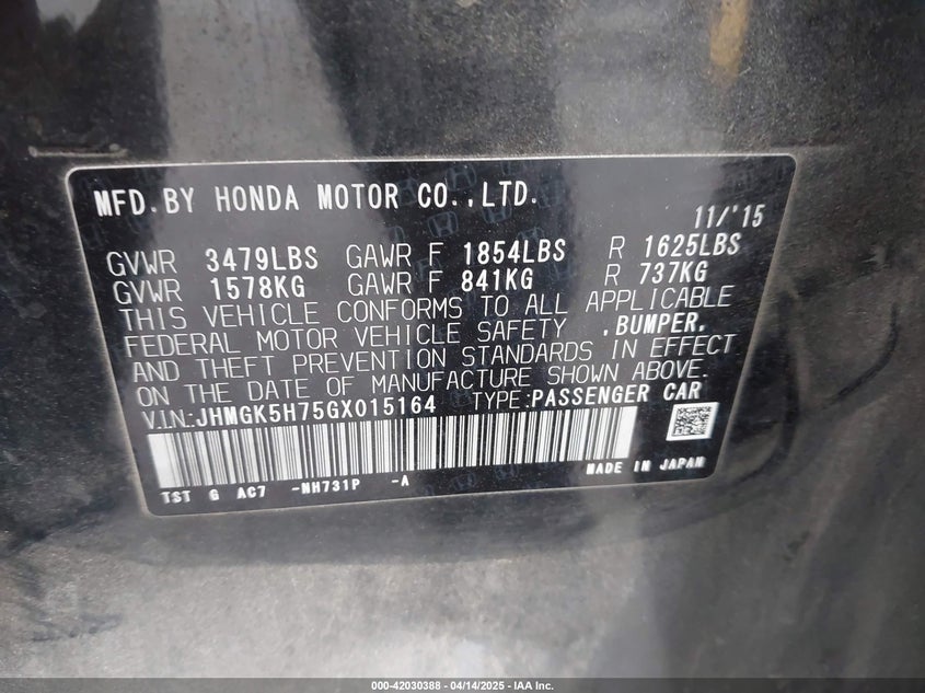 2016 HONDA FIT VIN: JHMGK5H75GX015164