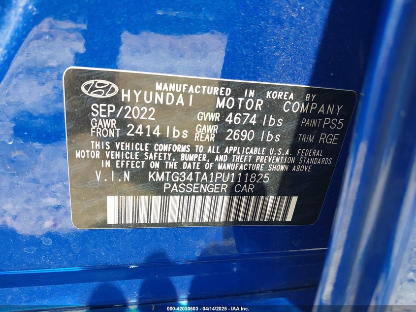 2023 GENESIS G70 VIN: KMTG34TA1PU111825