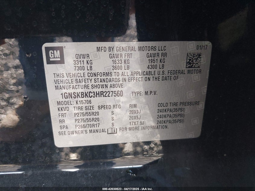 2017 CHEV TAHOE LT 4WD VIN: 1GNSKBKC3HR227560