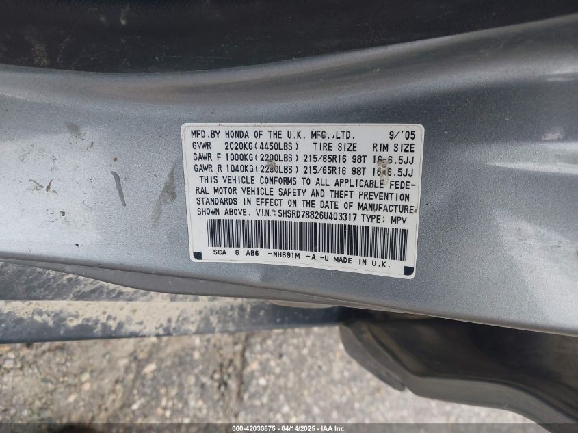 2006 Honda Cr-V Ex VIN: SHSRD78826U403317 Lot: 42030575