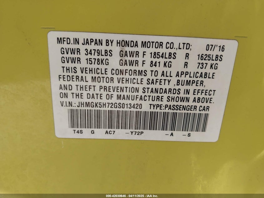 2016 HONDA FIT VIN: JHMGK5H72GS013420