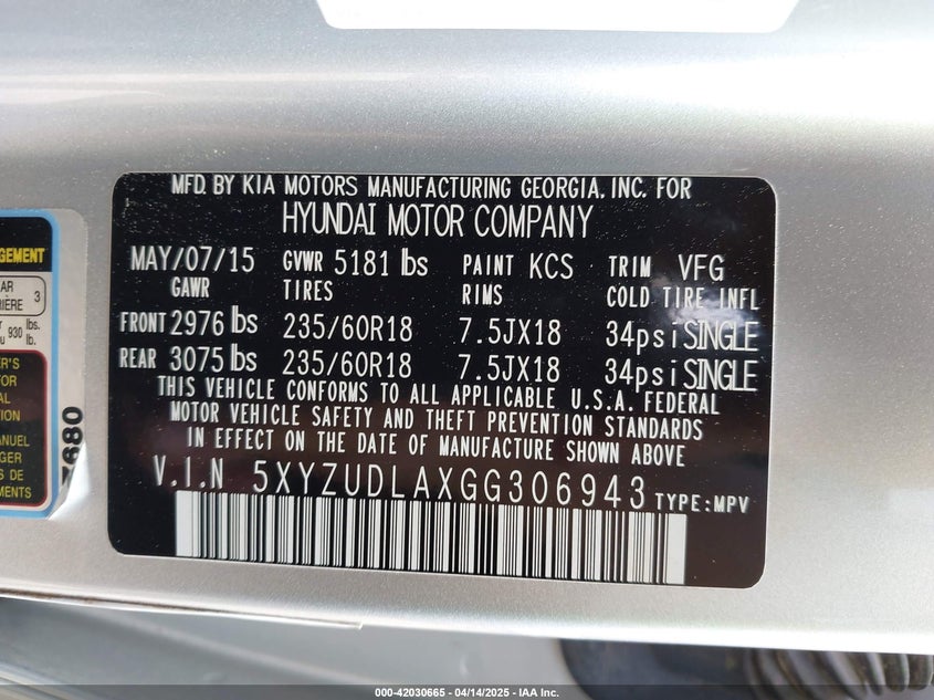 2016 HYUNDAI SANTA FE VIN: 5XYZUDLAXGG306943