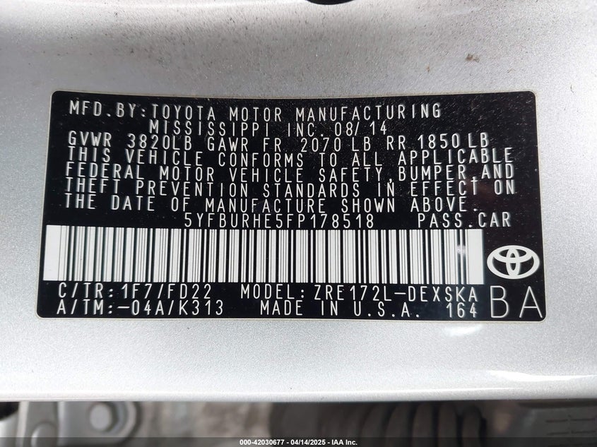 2015 TOYOTA COROLLA VIN: 5YFBURHE5FP178518