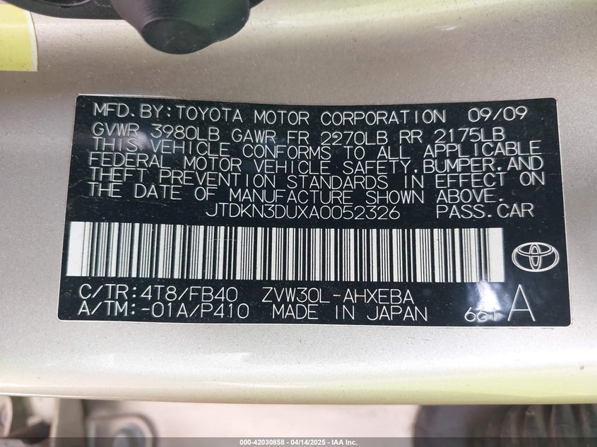 2010 TOYOTA PRIUS VIN: JTDKN3DUXA0052326