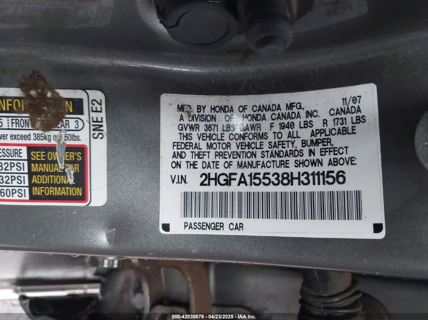 2008 Honda Civic Lx VIN: 2HGFA15538H311156 Lot: 42030876