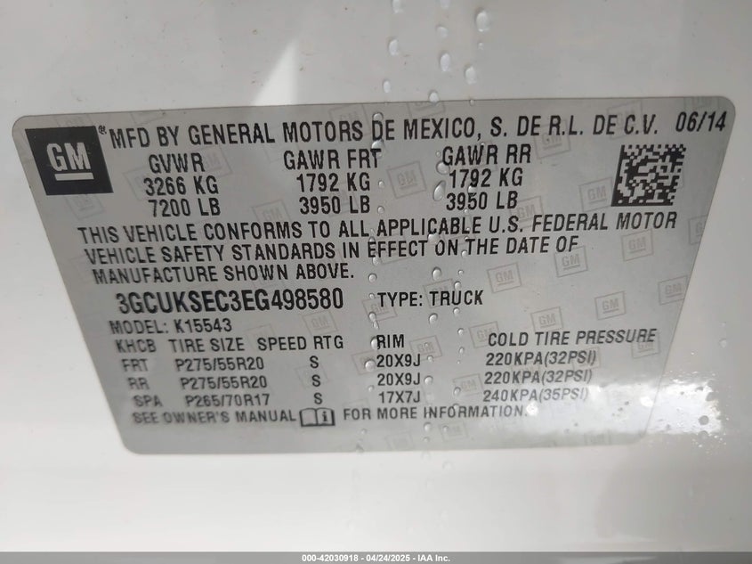 2014 CHEVROLET SILVERADO VIN: 3GCUKSEC3EG498580