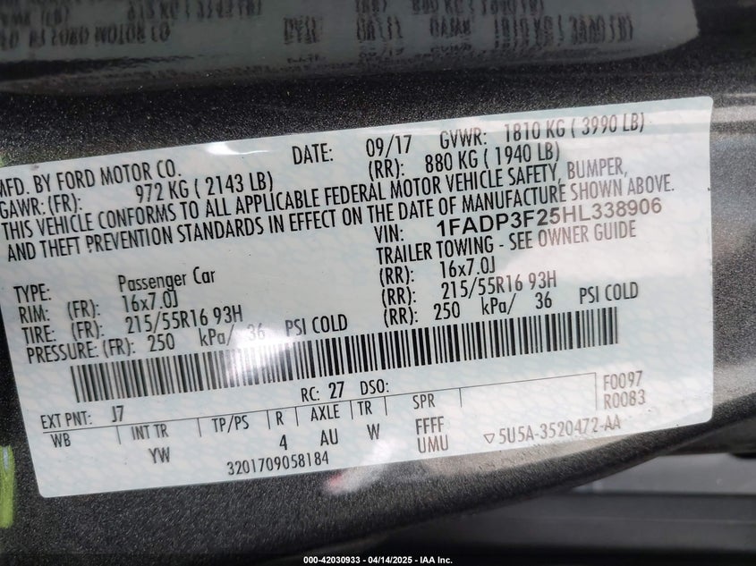 2017 FORD FOCUS SE - 1FADP3F25HL338906