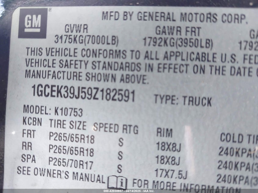 2009 CHEVROLET SILVERADO 1500 VIN: 1GCEK39J59Z182591