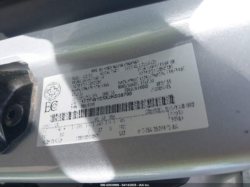 2018 FORD F150 VIN: 1FTFW1E5XJKD38790