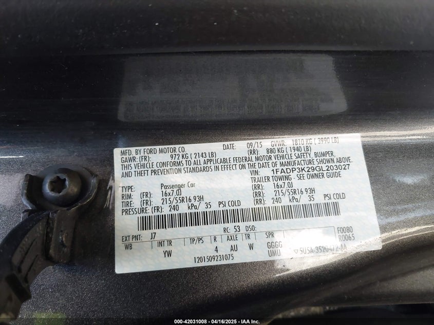 2016 FORD FOCUS SE - 1FADP3K29GL203027