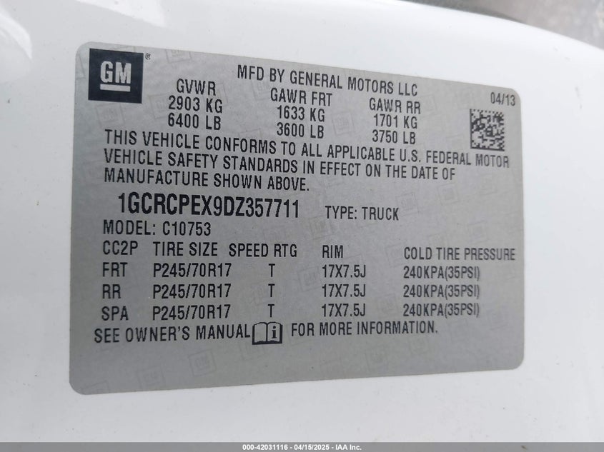 2013 CHEVROLET SILVERADO 1500 VIN: 1GCRCPEX9DZ357711