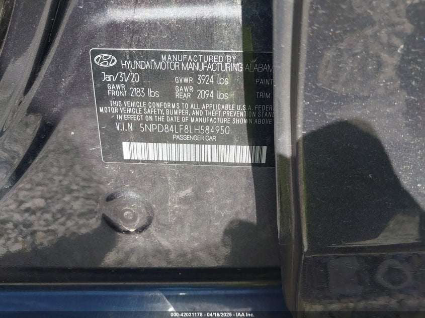 2020 HYUNDAI ELANTRA VIN: 5NPD84LF8LH584950