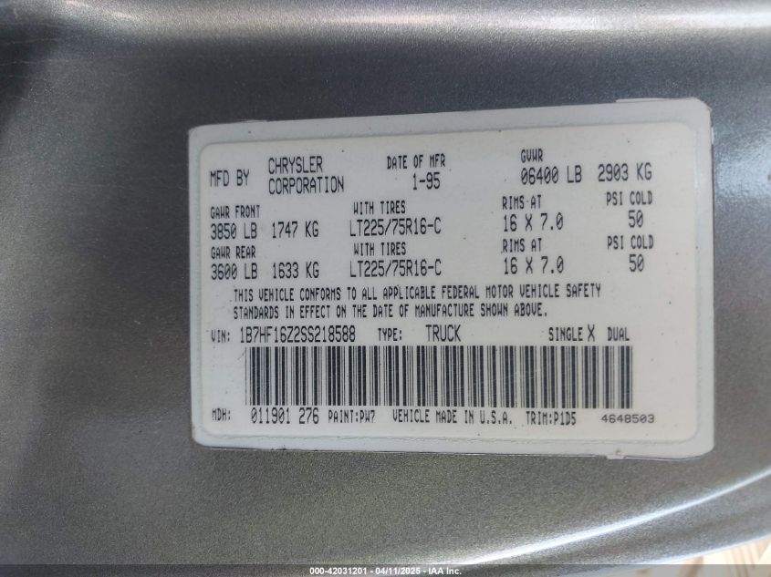 1995 Dodge Ram 1500 VIN: 1B7HF16Z2SS218588 Lot: 42031201