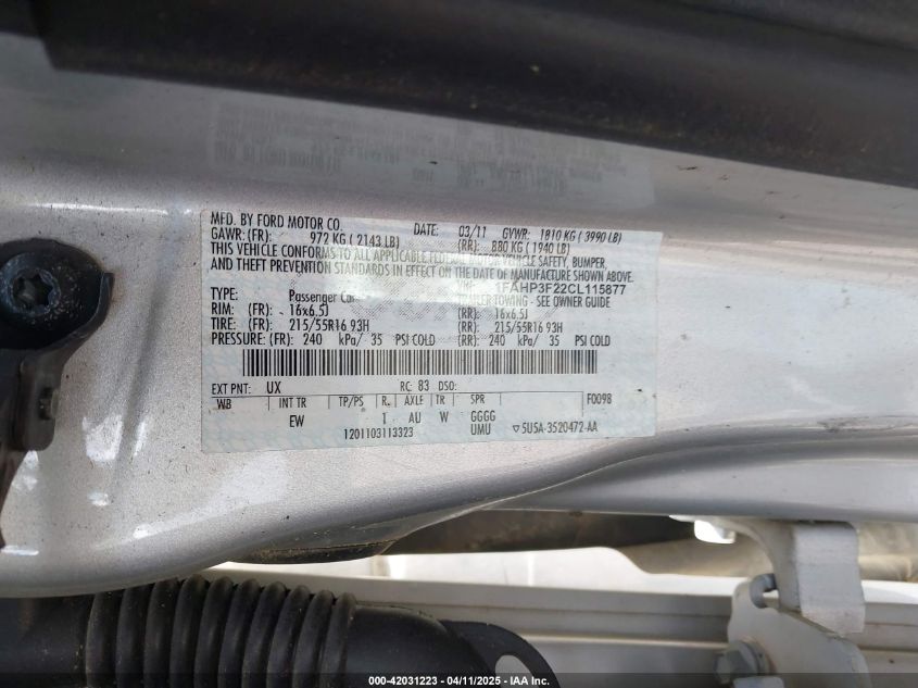 2012 Ford Focus Se VIN: 1FAHP3F22CL115877 Lot: 42031223