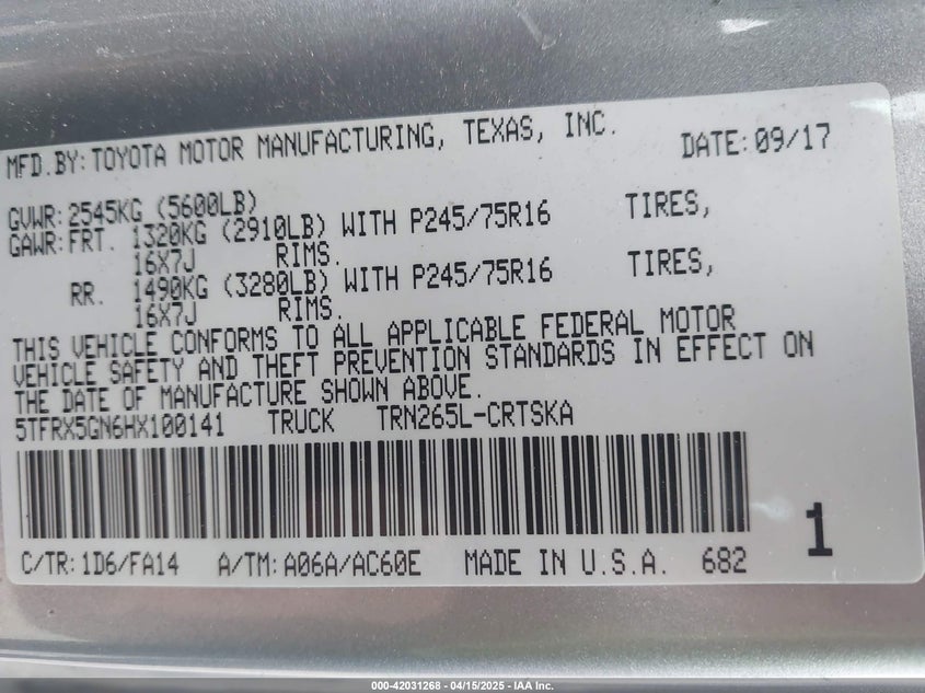 2017 TOYOTA TACOMA VIN: 5TFRX5GN6HX100141