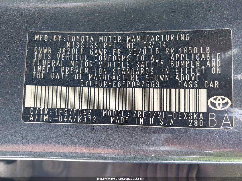 2014 TOYOTA COROLLA VIN: 5YFBURHE6EP097669