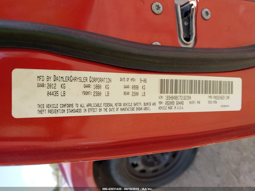 2007 DODGE CALIBER VIN: 1B3HB48B17D162394