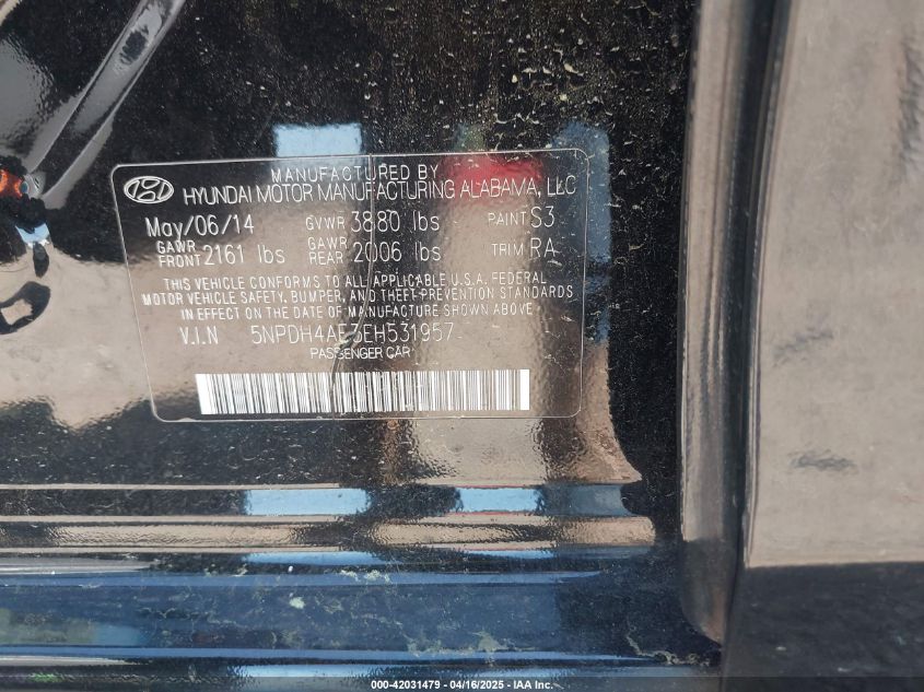 2014 Hyundai Elantra Se VIN: 5NPDH4AE3EH531957 Lot: 42031479