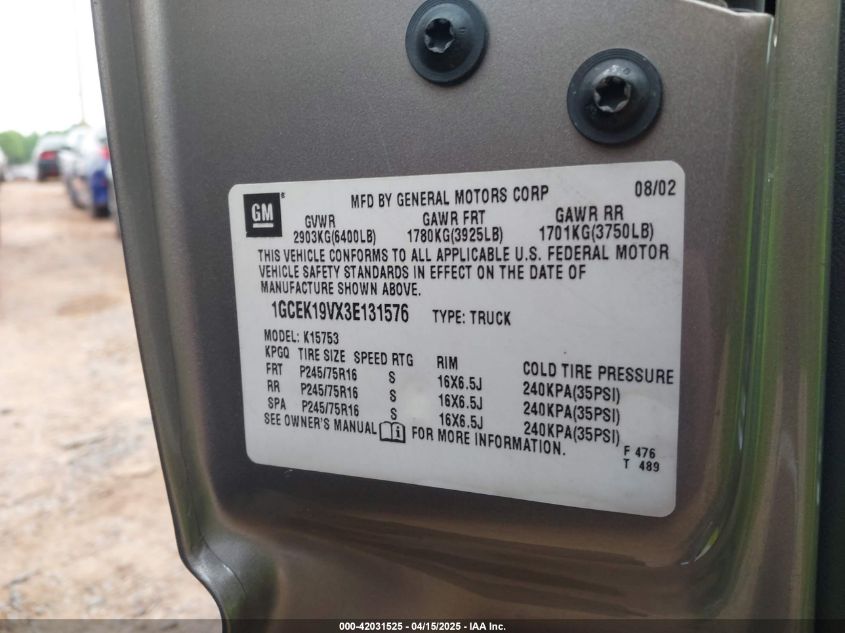 2003 Chevrolet Silverado 1500 Ls VIN: 1GCEK19VX3E131576 Lot: 42031525