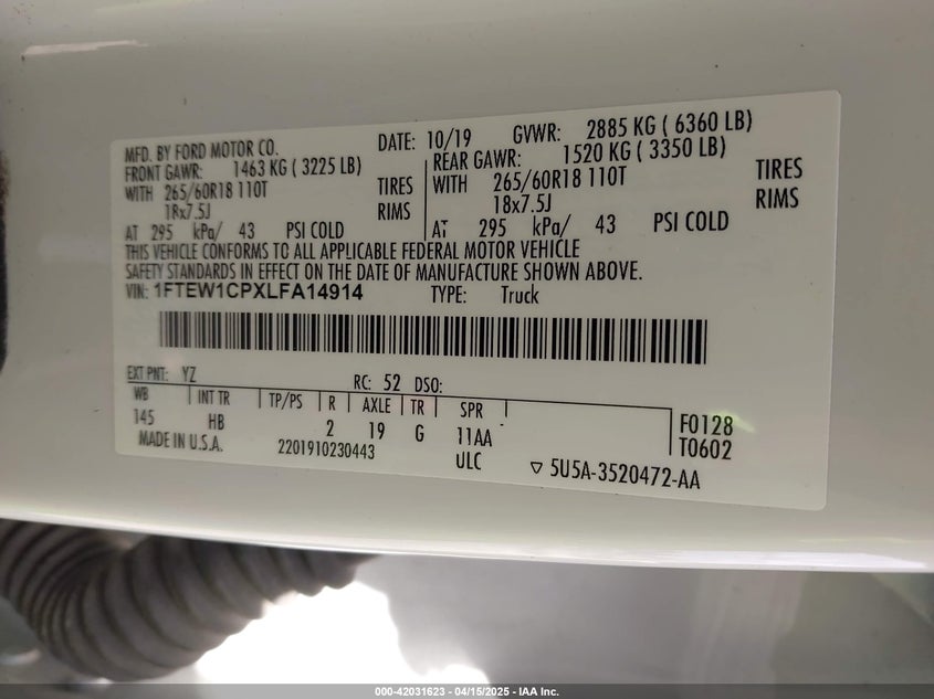 2020 FORD F-150 VIN: 1FTEW1CPXLFA14914