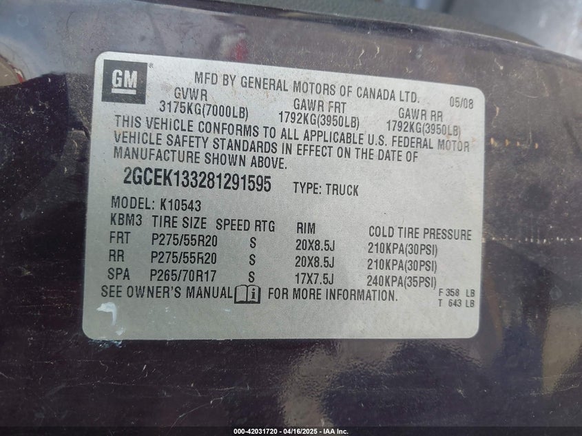 2008 CHEVROLET SILVERADO 1500 VIN: 2GCEK133281291595