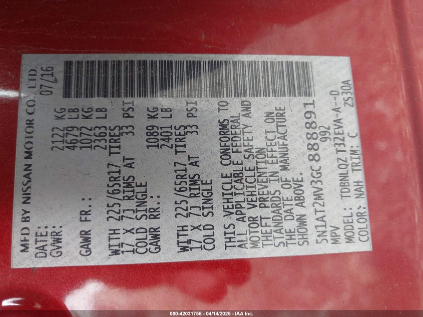 2016 NISSAN ROGUE SV - 5N1AT2MV3GC888891