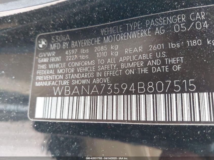 2004 BMW 530I VIN: WBANA73594D807515 Lot: 42031785