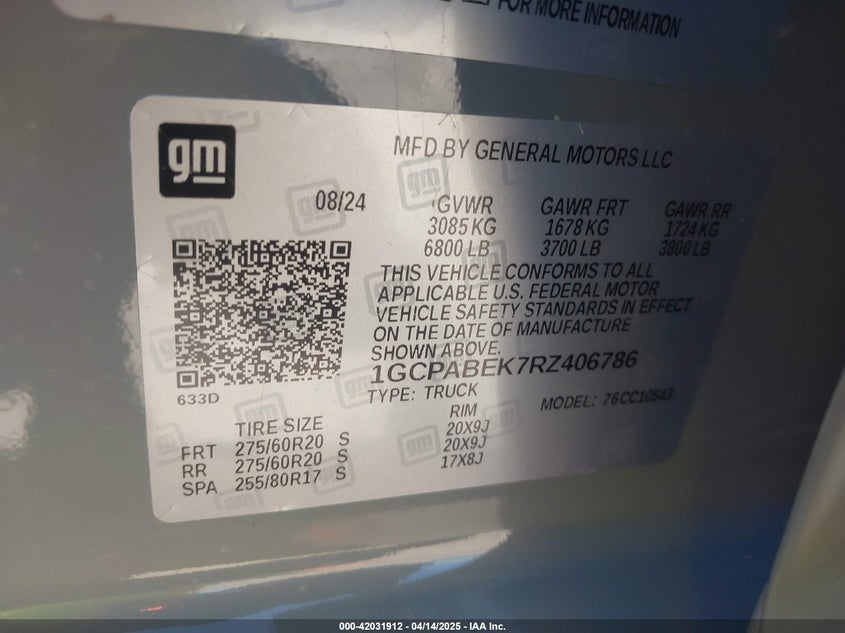 VIN 1GCPABEK7RZ406786 2024 CHEVROLET SILVERADO 1500
