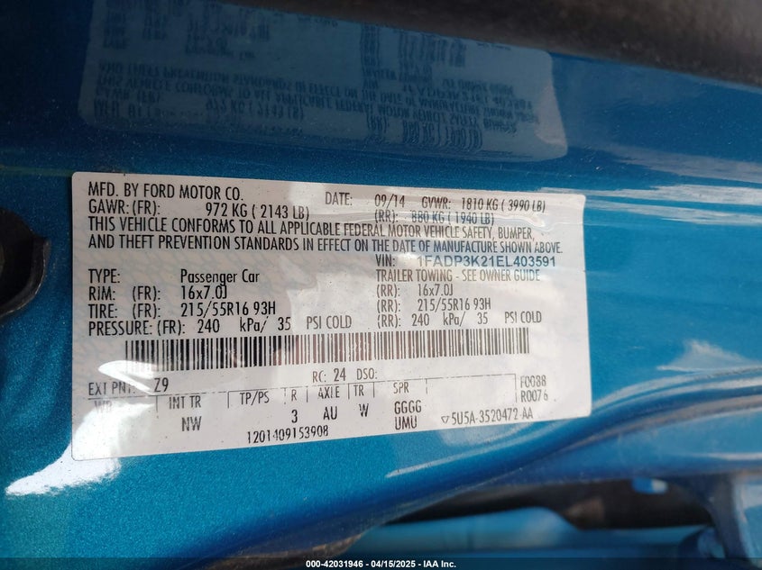 2014 FORD FOCUS VIN: 1FADP3K21EL403591