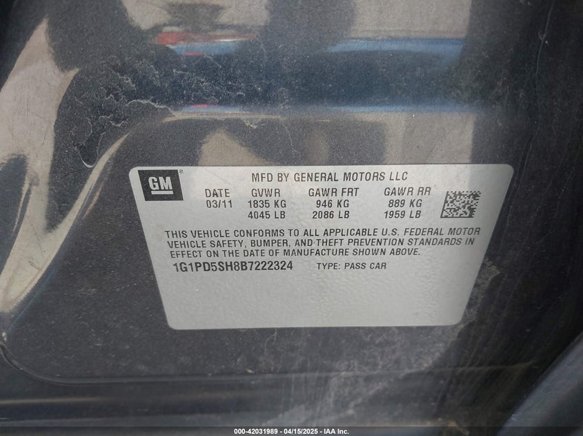 2011 CHEVROLET CRUZE VIN: 1G1PD5SH8B7222324