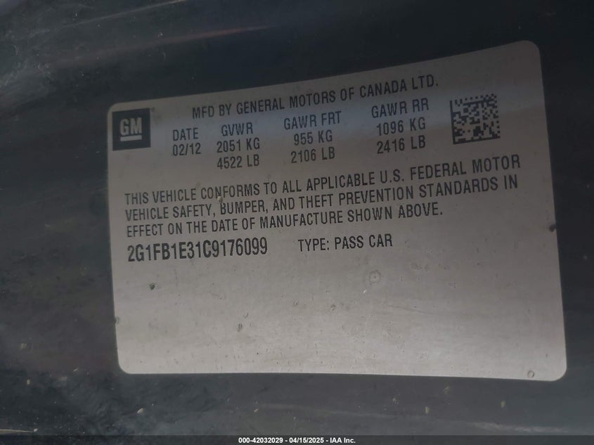 2012 CHEVROLET CAMARO VIN: 2G1FB1E31C9176099