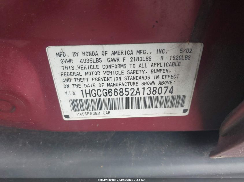 2002 Honda Accord 2.3 Ex/2.3 Se VIN: 1HGCG66852A138074 Lot: 42032100