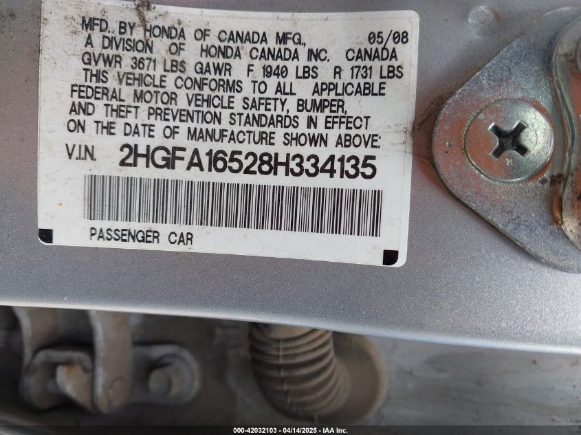 2008 Honda Civic Lx VIN: 2HGFA16528H334135 Lot: 42032103