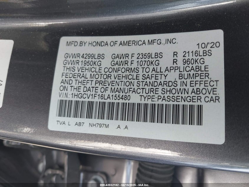 2020 HONDA ACCORD VIN: 1HGCV1F16LA155480