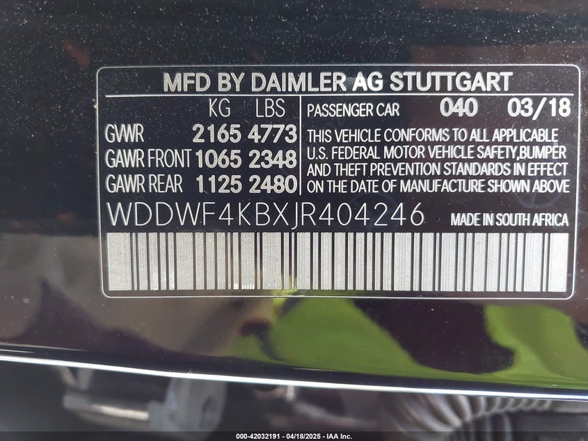 2018 MERCEDES-BENZ C VIN: WDDWF4KBXJR404246