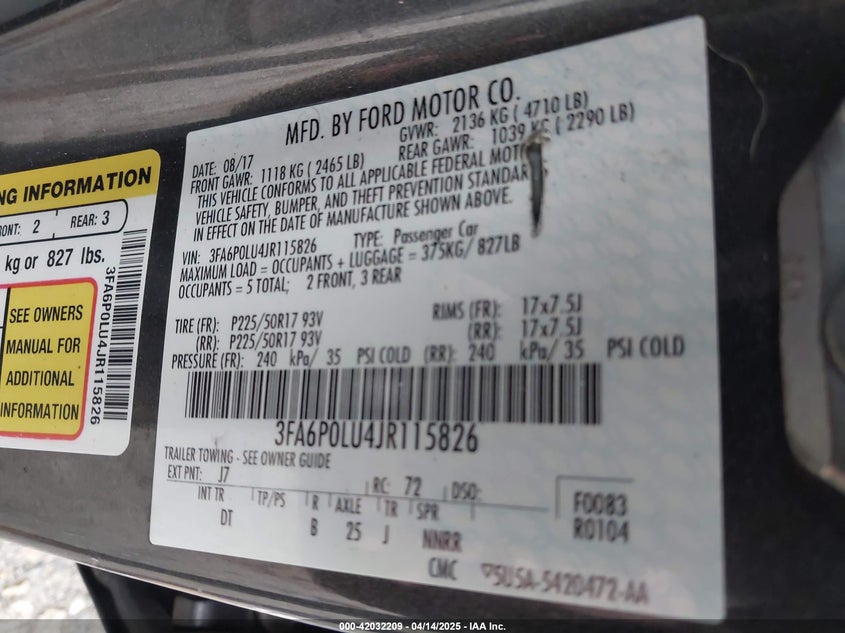 2018 FORD FUSION HYBRID VIN: 3FA6P0LU4JR115826