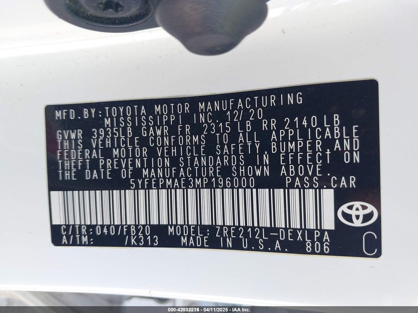 2021 TOYOTA COROLLA 1.8L I-4 DOHC, VVT, (VIN: 5YFEPMAE3MP196000