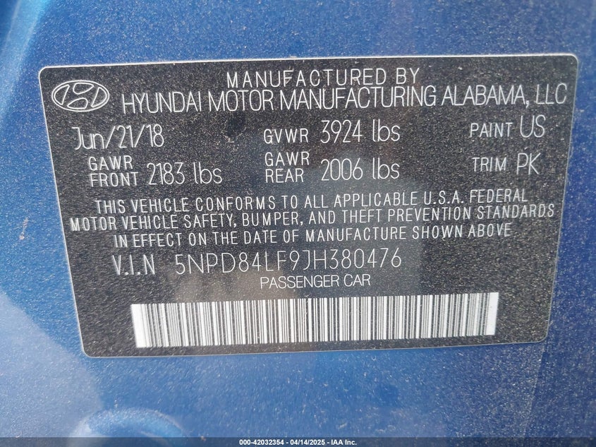 2018 HYUNDAI ELANTRA VIN: 5NPD84LF9JH380476