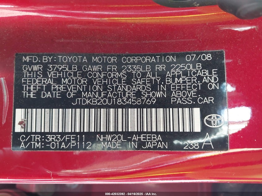 2008 TOYOTA PRIUS VIN: JTDKB20U183458769