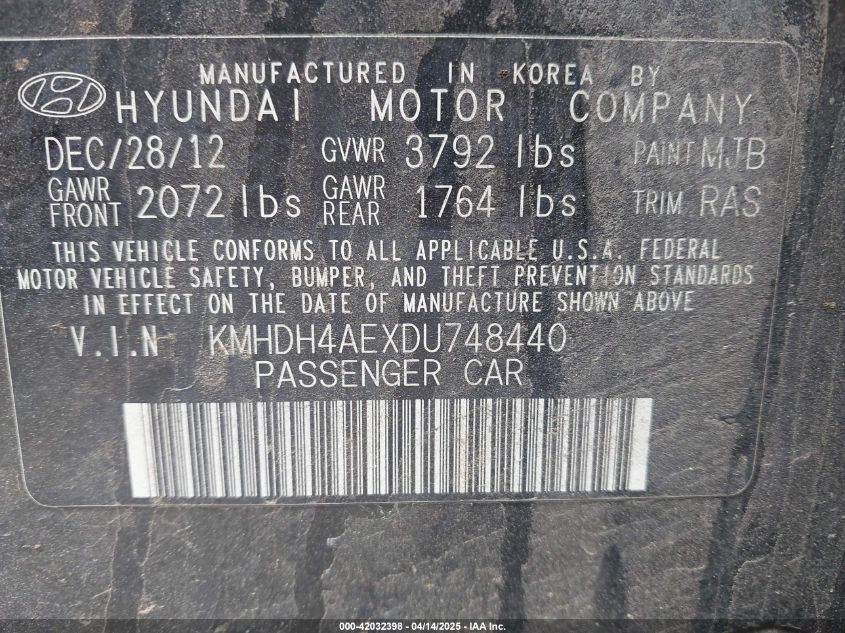 2013 Hyundai Elantra Limited VIN: KMHDH4AEXDU748440 Lot: 42032398