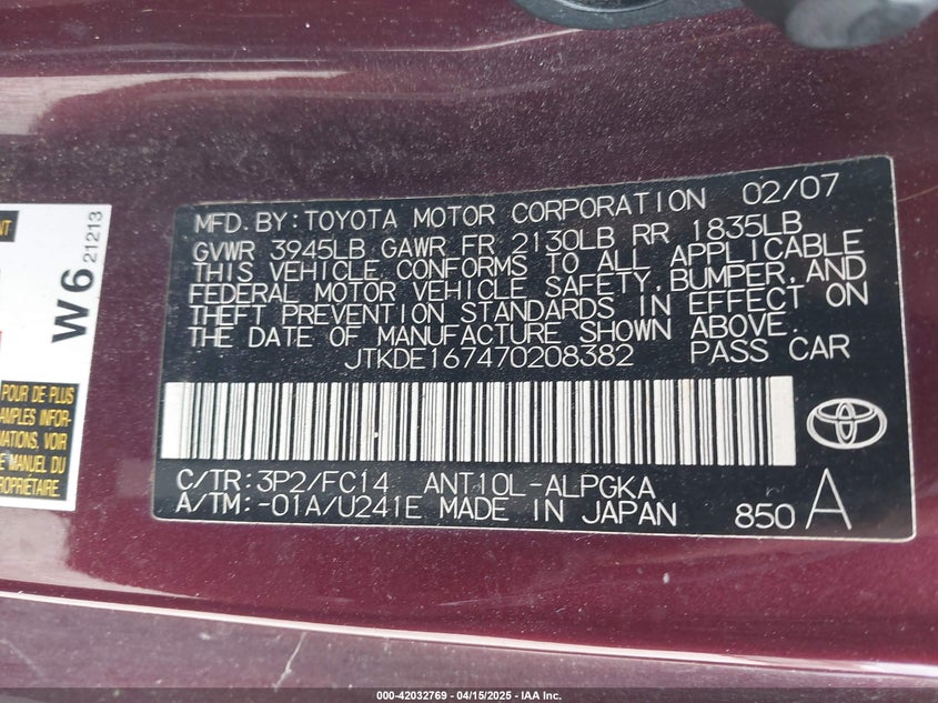 2007 TOYOTA SCION TC VIN: JTKDE167470208382